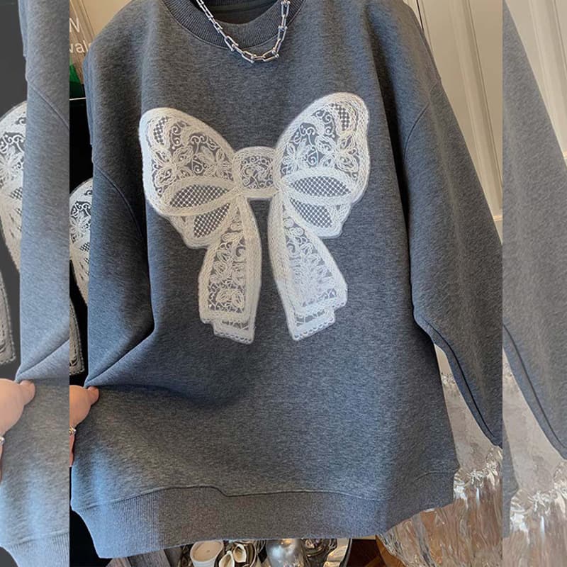 Korean style super cute lace bow round neck sweatshirt for women, new autumn and winter style, warm fleece-lined, oversized loose top, trendy.