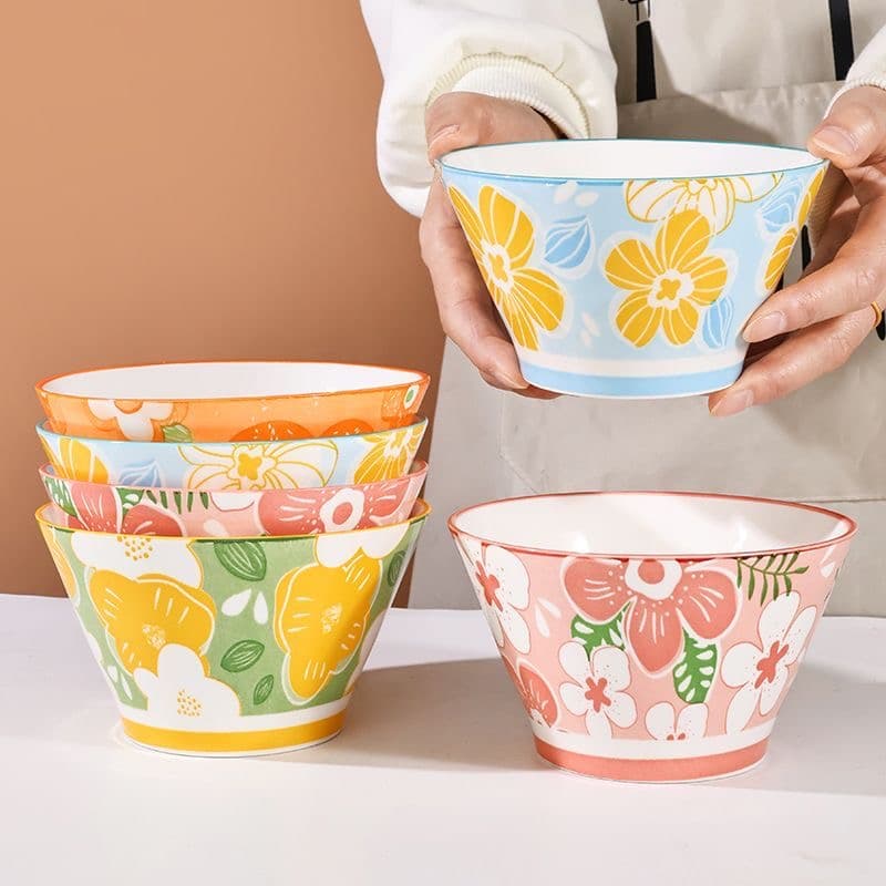 High Appearance Home Use Bamboo Hat Rice Bowl Flower Pattern Rice Bowl Heat-Resistant Salad Bowl Trendy Dessert Bowl Ceramic Tableware
