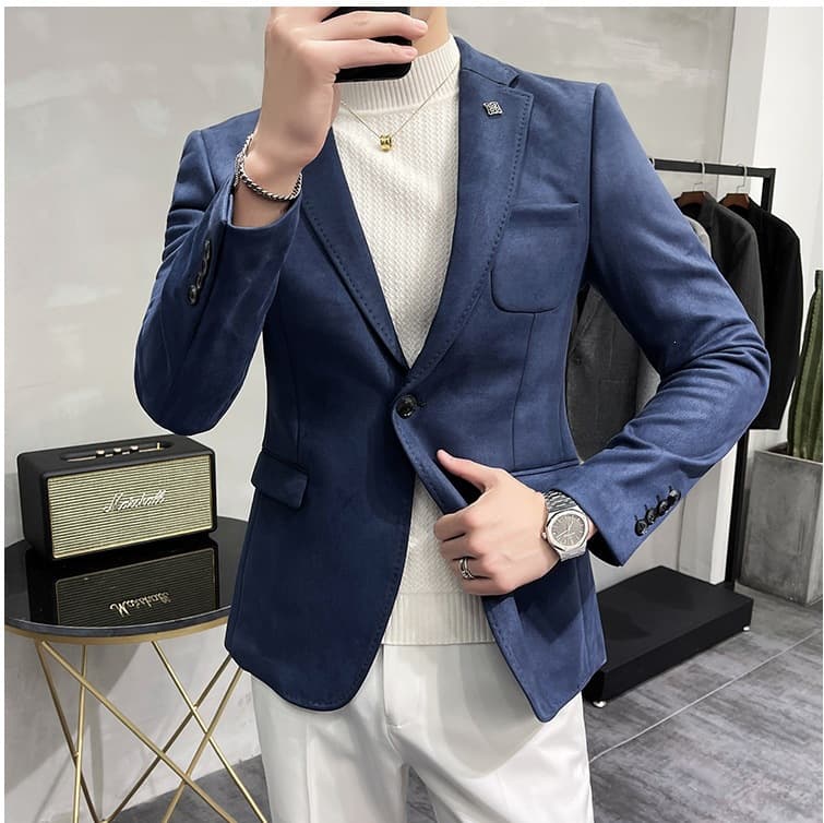 2026 Winter Men's Korean Style Slim Fit Single-Button Suit Jacket in Solid Color