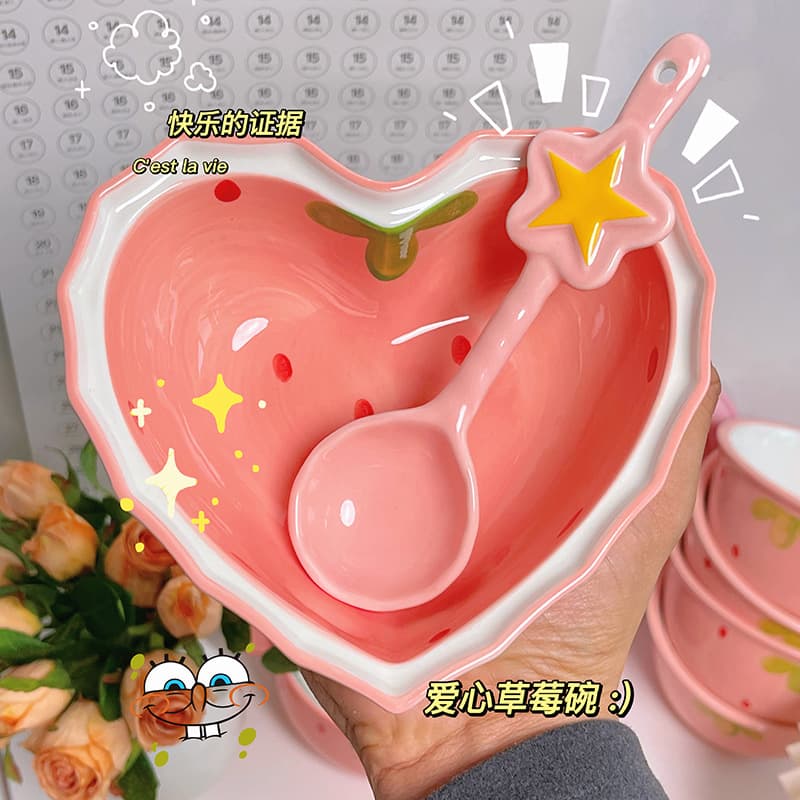 Heart Strawberry Ceramic Bowl Cream Style Dessert Salad Bowl Microwave Safe