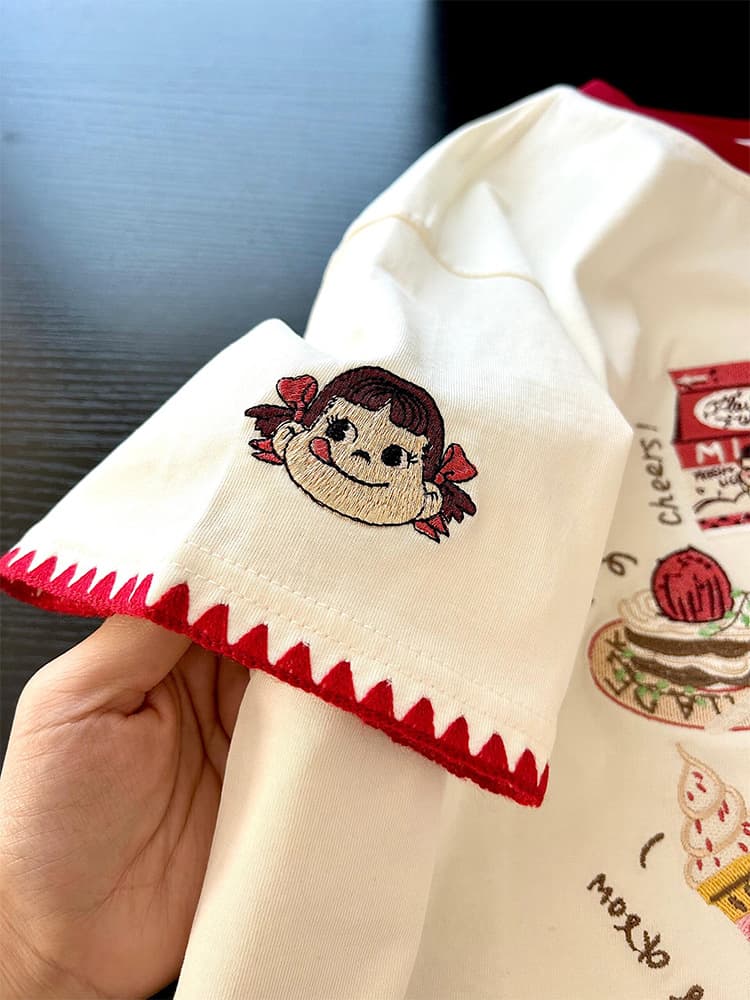 2025 Summer Heavy Embroidery Cartoon Cat Age-Reducing Short-Sleeve Pure Cotton T-Shirt Round Neck Loose Casual Slimming New