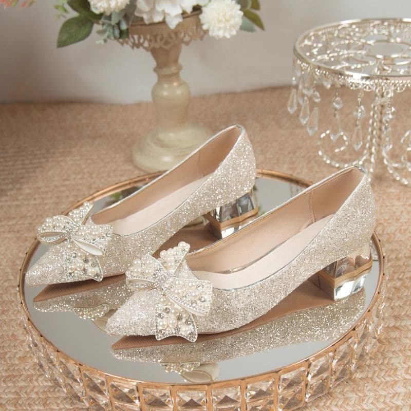 Pointed Toe Chunky Heel High Heels Women's Wedding Shoes Bride Shoes Main Wedding Dress Two-Wear Crystal Heels Mid Heel Comfortable for Pregnant Women
