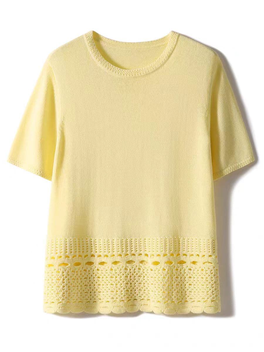 Slim-fit fashionable washi yarn openwork knit short-sleeved T-shirt top women's clothing versatile everyday base layer outdoor commuting