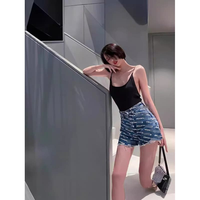 In Stock Summer BAO Letter Print Denim Shorts Frayed Versatile Fashion Casual Sexy Hot Pants