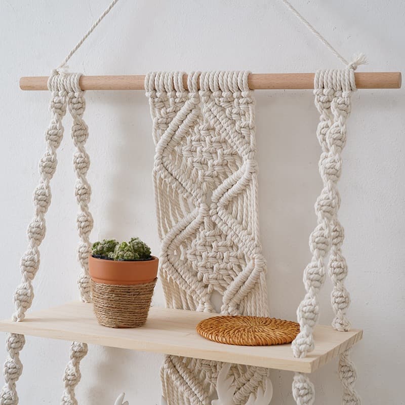 Cross-Border Hot-Selling Hand-Woven Tapestry Cotton Rope Wall Hanging Bohemian Double-Layer Storage Rack Hotel and Homestay Decorations