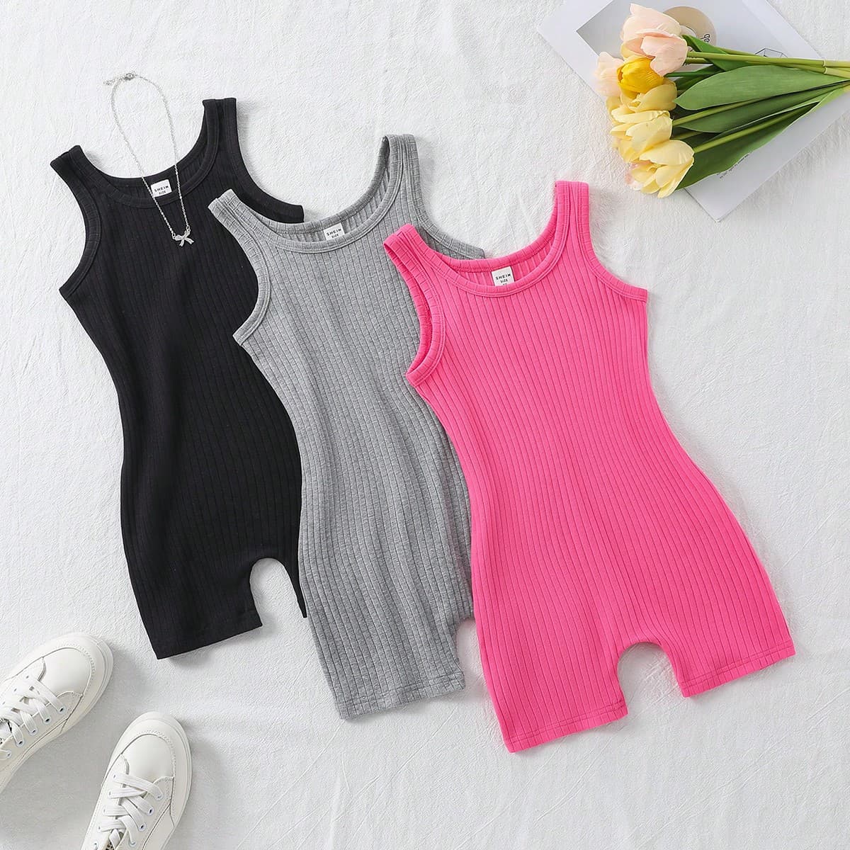 2025 Classic Sweet and Cute Sleeveless Three-Piece Romper Set for Girls - Dropshipping Available