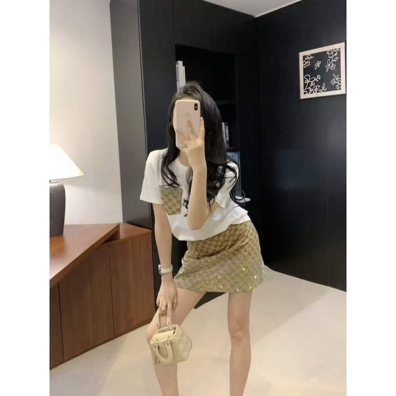 High-Quality Full-Print Rhinestone GU Letter Short Sleeve T-Shirt + Skirt Set Women's Loose Fit