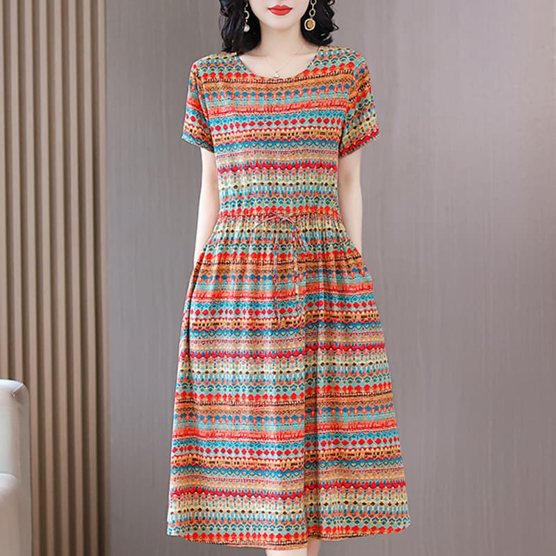 Cotton Silk Dress for Middle-Aged and Elderly Women, Mother's Style, Short Sleeve, Loose Midi Length, Rayon Fabric