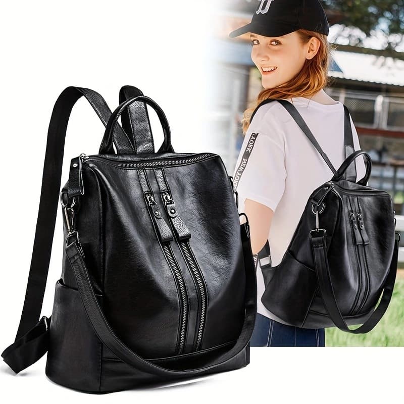 Wholesale Soft Leather Backpack Korean Style Large Capacity Double Zipper School Style Backpack Mommy Bag Fashionable Versatile Women's Bag