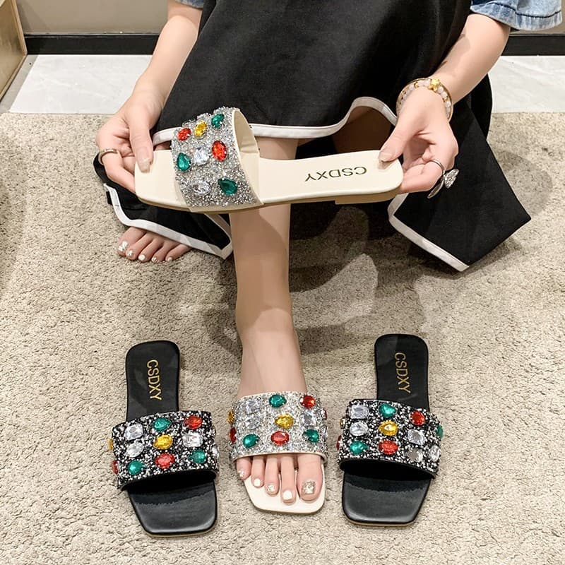 Cross-border extra-large rainbow gemstone one-strap casual flat sandals for summer 2023, outdoor fashion beach sandals for women.