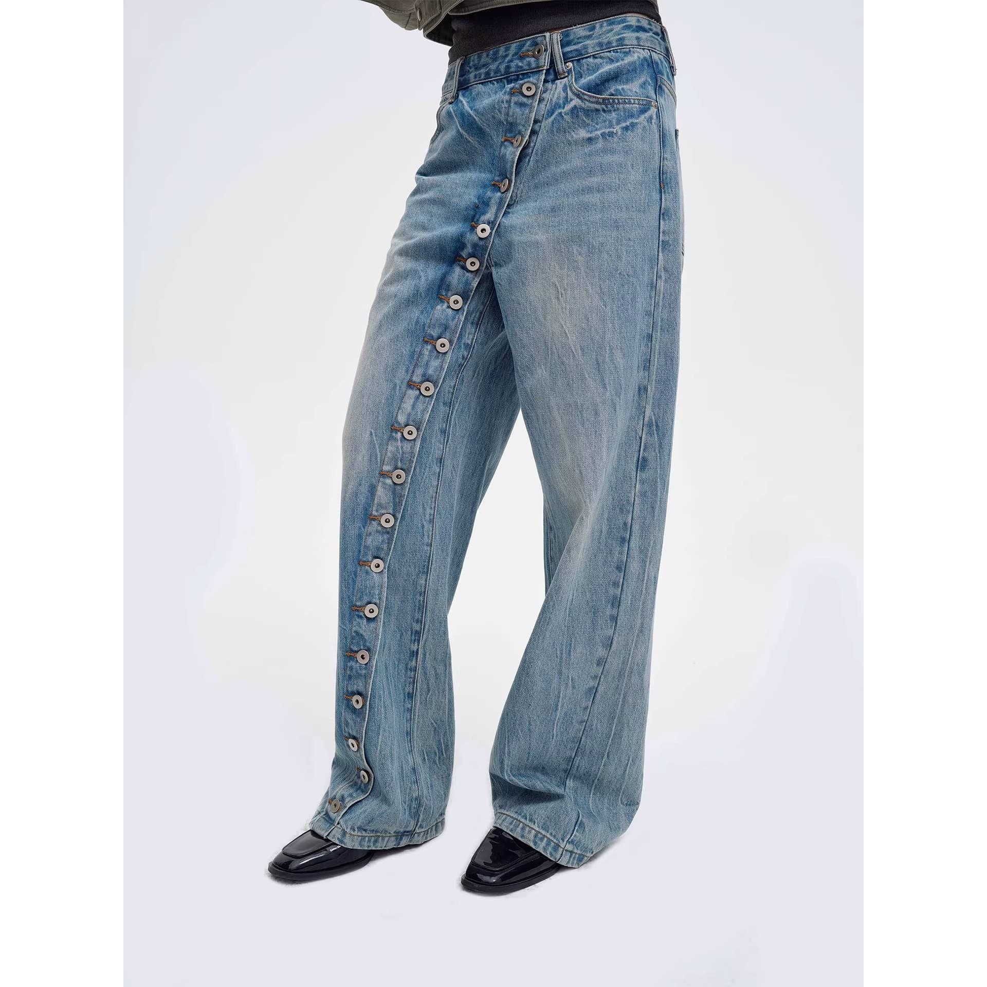 COMMEUNTISSU Washed Vintage Asymmetrical Button-Up Jeans, Unisex Casual Loose Fit Versatile Long Trousers