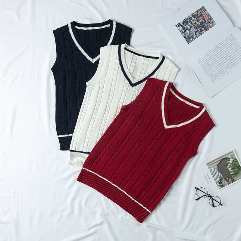 Ready Stock Wholesale British Style JK Uniform V-Neck Cable Knit Vest Sweater