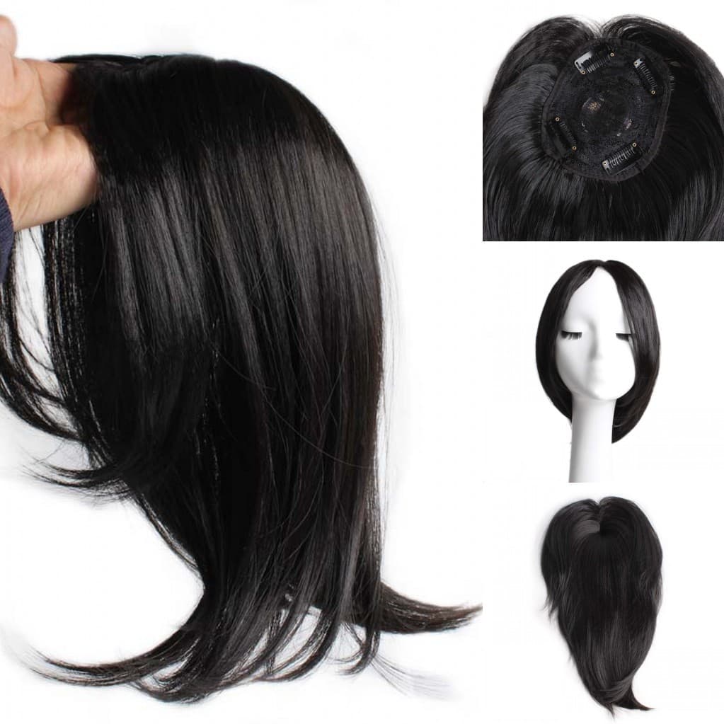 Top Hairpiece with Middle Part Simulation Scalp, Long Top Bun Hairpiece for Covering Gray Hair, Bangs Hairpiece