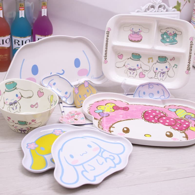 Cute Cinnamoroll Cartoon Melamine Plate Set - Divided Plate, Small Dish, Cake Plate, Rice Bowl
