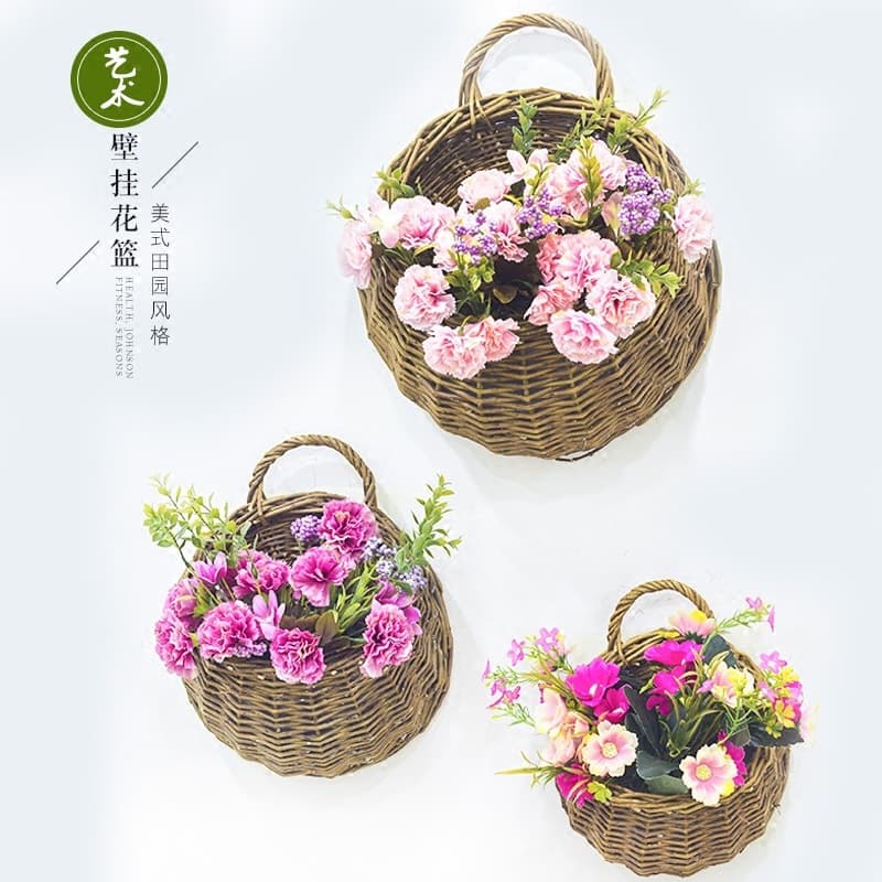Wall Hanging Rattan Planter, Woven Flower Basket for Artificial Plants, Green Decor