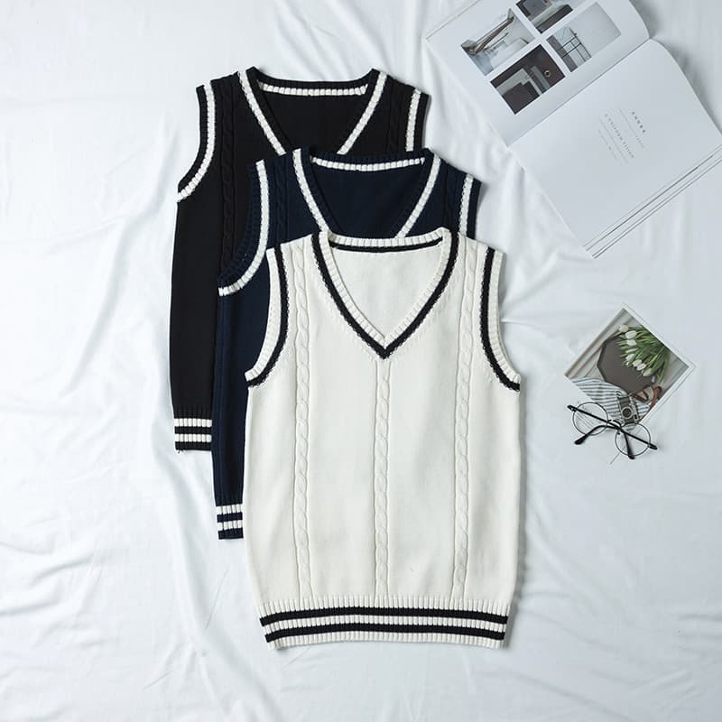 In Stock, Academic British-style JK Uniform V-neck Men and Women Color-blocked Braided Vest School Uniform Sweater Vest Knitwear