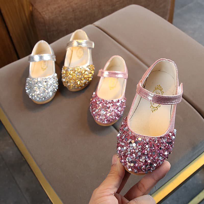 2025 Spring/Autumn New Children's Leather Shoes Girls' Princess Rhinestone Pumps Korean Style Small/Medium Kids' Baby Dance Shoes Anti-Slip