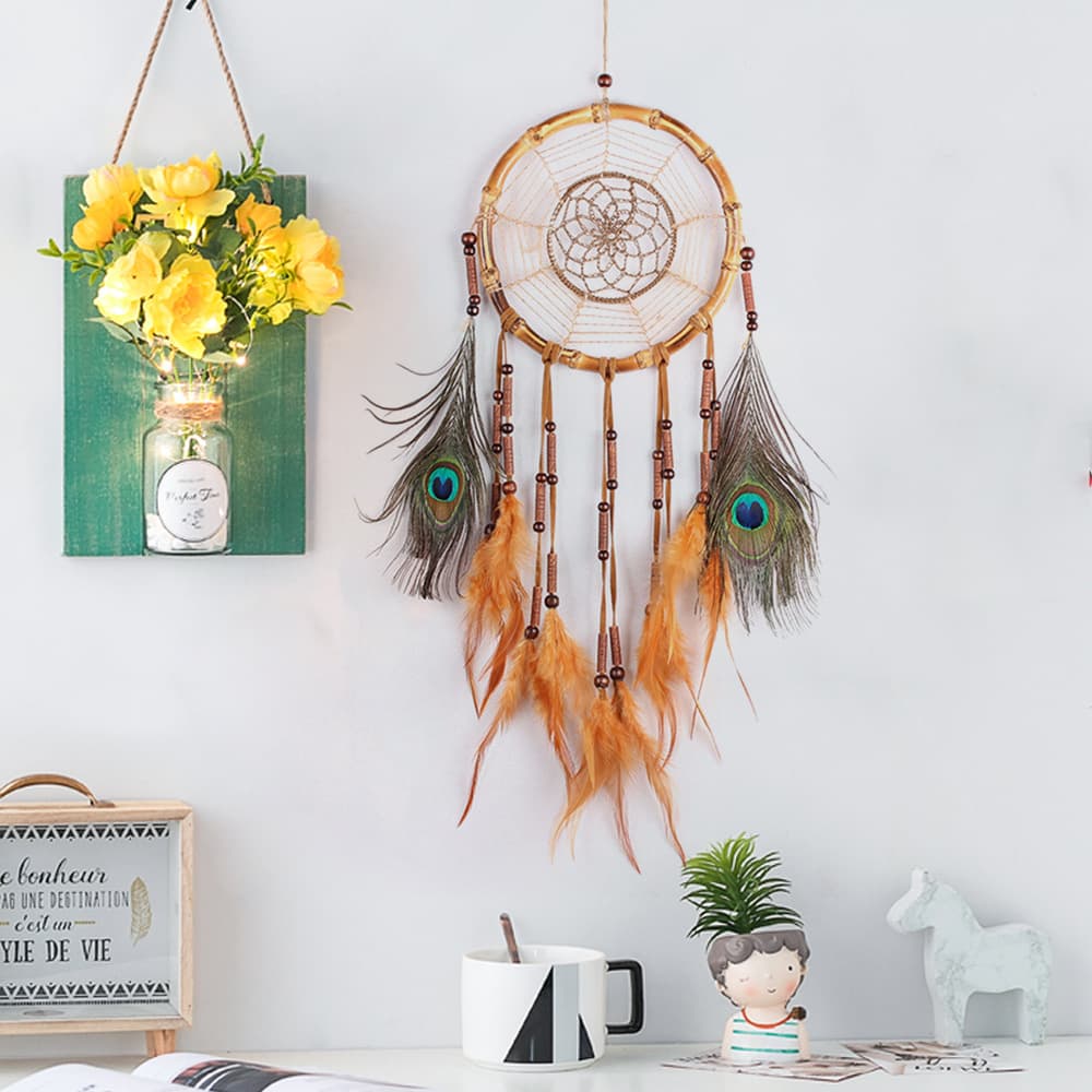 New simple hand-woven peacock feather dream catcher Indian wind chime aerial pendant home decoration retro