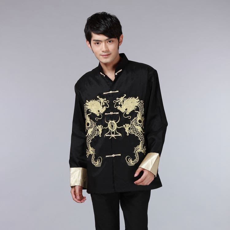 Chinese Style Tang Suit Men's Long Sleeve Top Spring Autumn Dad Outfit Casual Chinese Jacket Embroidered Double Dragon Stage Performance Costume