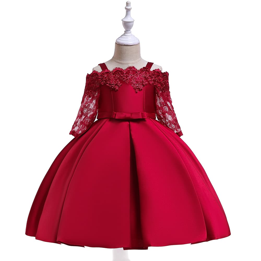 Girls' Formal Dress Satin Ribbon Lace Princess Dress Ins Children's Host Gown Performance Costume