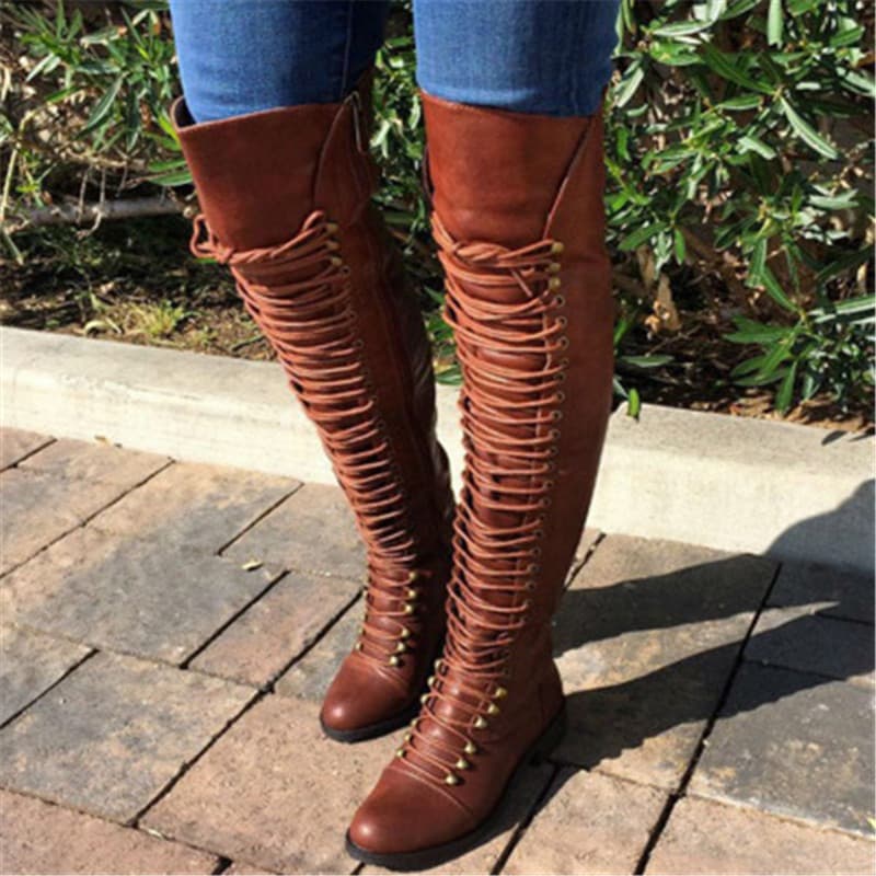New Autumn/Winter European and American Women's Boots Cross Lace-Up Over-the-Knee Riding Boots Wish AliExpress Wholesale Large Size