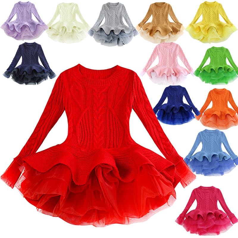 Children's Sweater 2024 Autumn/Winter Girls' Organza Sweater Dress Long Sleeve Puffy Princess Dress