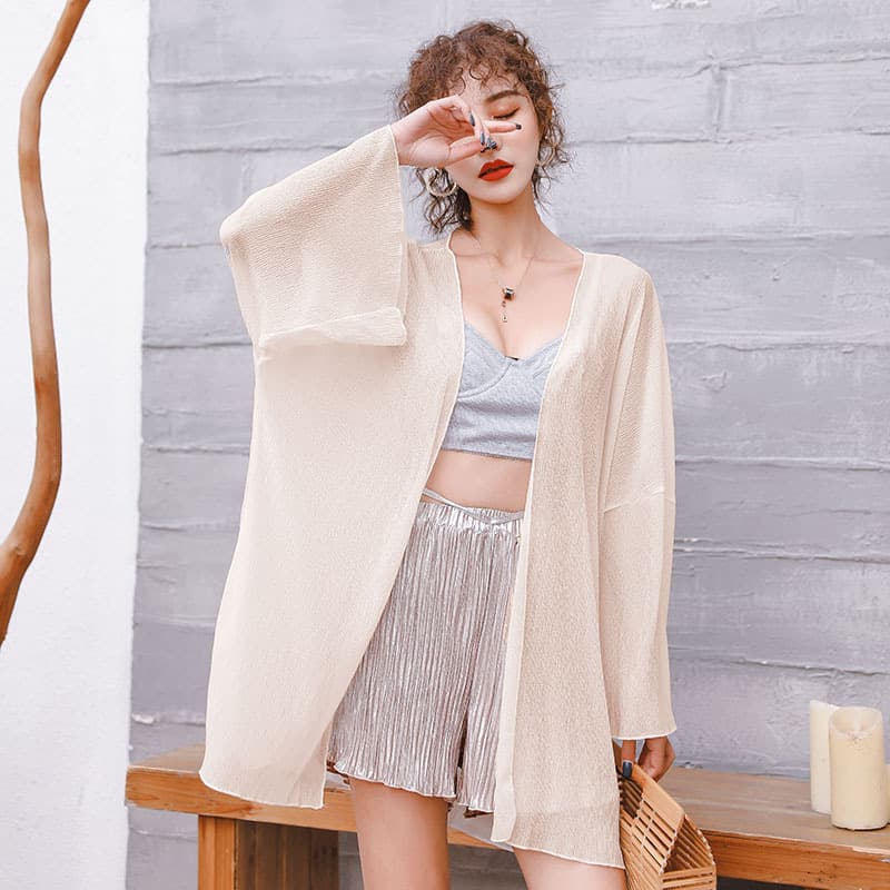 White chiffon shirt women's sun protection clothing mid-length loose shawl thin coat seaside vacation beach sun protection shirt cardigan