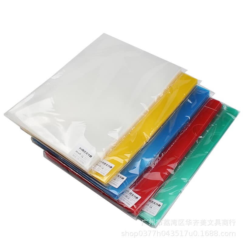 Wholesale A4 transparent folders, colored L-shaped file sleeves, two-page plastic document holders, single-sheet holders, and E310 report covers.