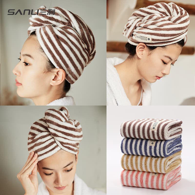Sanli Towel Stripe Hair Drying Cap New Adult Hair Drying Cap Soft Thickened Turban Towel Absorbent Hair Drying Cap Wholesale