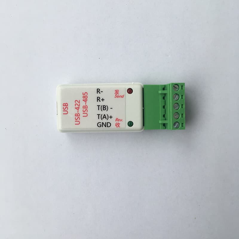 USB to 485/422 USB to 422/485 serial converter with transmit and receive indicator lights.