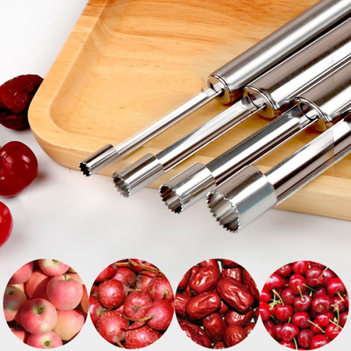 Stainless steel core remover for apples, pears, hawthorns, and red dates; a small kitchen tool for removing seeds and cores.
