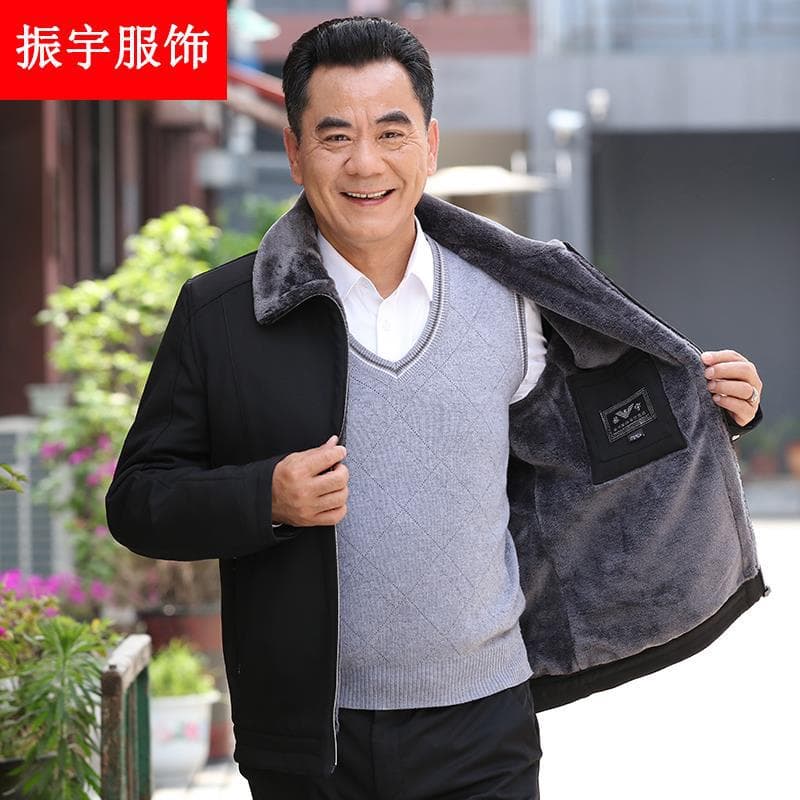 Father's Midwinter Men's Jacket, Fleece-Lined and Thickened, for Seniors Aged 60-80, Grandpa's Cotton Coat