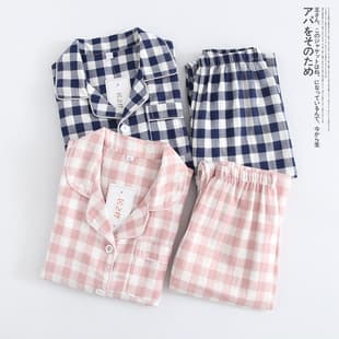 Spring/Summer/Autumn New Children's Cotton Plaid Pajama Set, Boys Girls Double-Layer Gauze Homewear Long Sleeve Long Pants