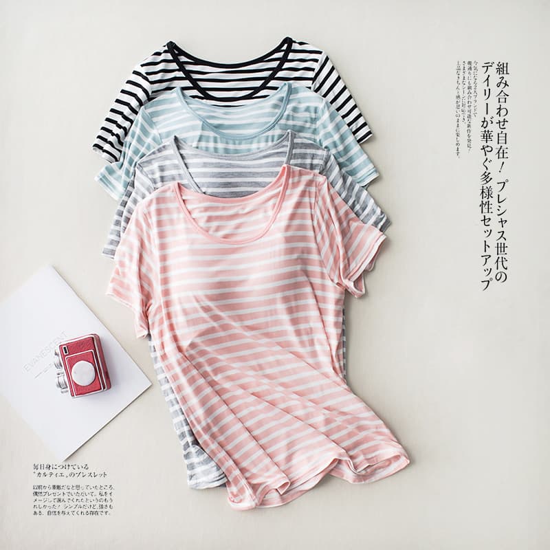 Modal women's T-shirt with built-in bra pads, wire-free, striped, loose fit, short-sleeve bra-T with cups, upgraded version.