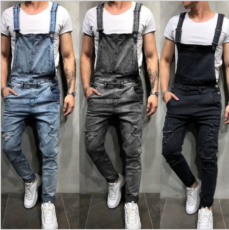 Wish Fashion Men's Denim Bib Overalls Ripped Jeans Pants Trendy Workwear