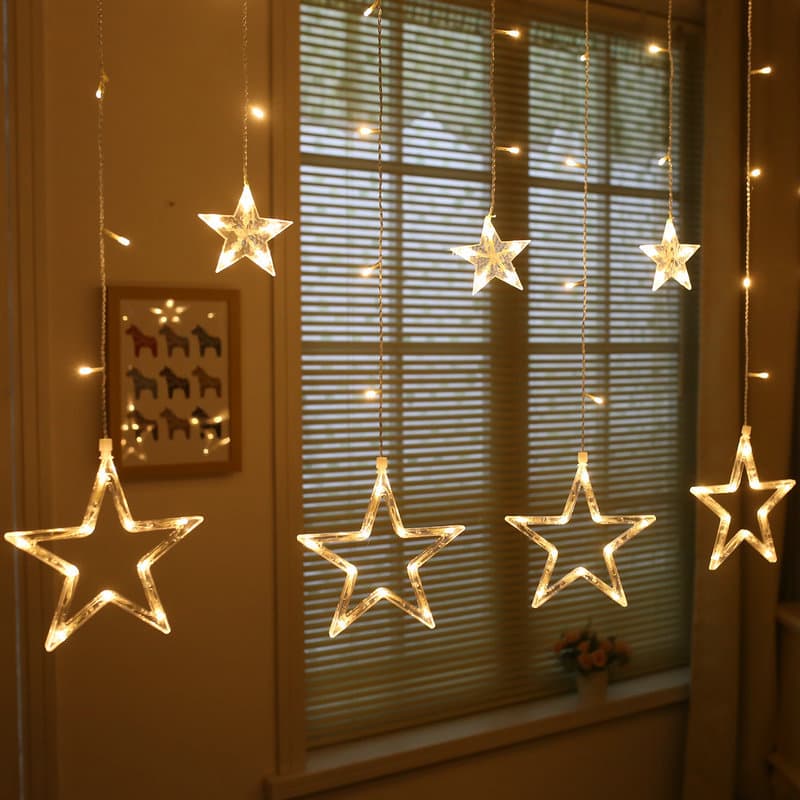 Christmas Five-Pointed Star LED Curtain Light for Indoor Room Decoration, Wedding Birthday Remote Control Curtain Light String with Tail Plug