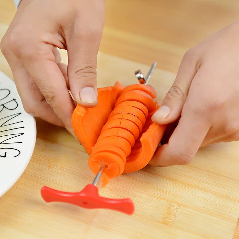 Stainless steel magic spiralizer, creative cucumber cutter for artistic dishes, salad garnishes, and spiral vegetable twists.