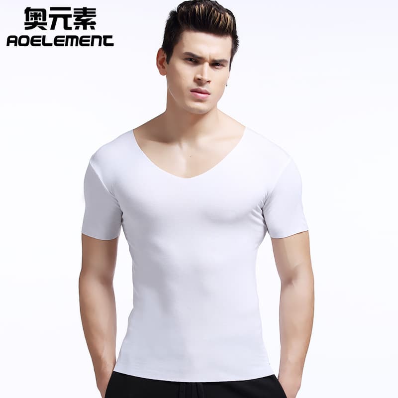 Thin men's short-sleeved t-shirt, V-neck, solid color, tight-fitting, summer base layer, slim fit, seamless underwear, customizable t-shirt.