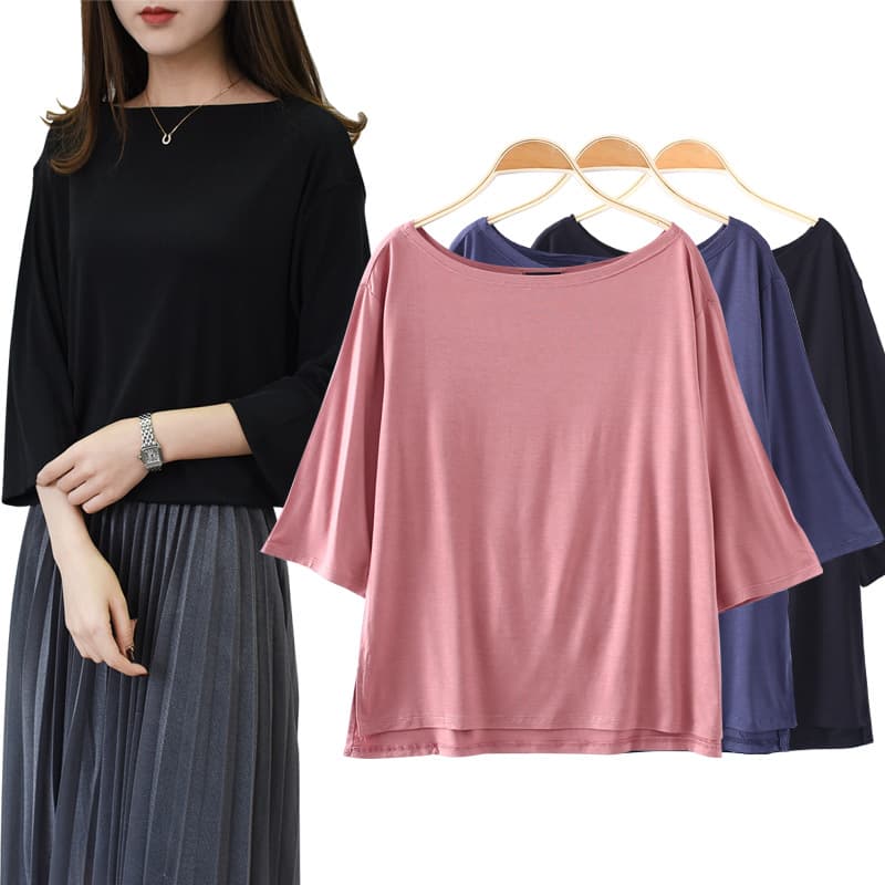 Bit cotton one-line collar t-shirt women's summer large size slim outer wear foreign style Korean style women's bottoming shirt versatile top