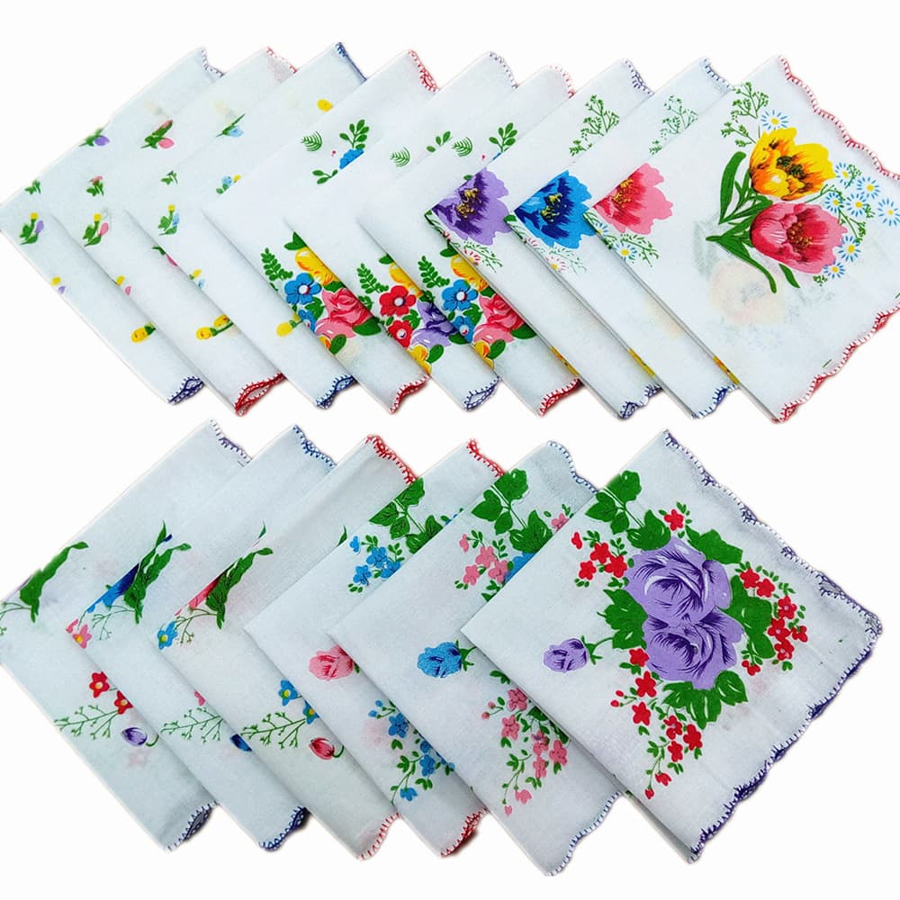 Crescent-edged printed women's handkerchiefs, white cotton handkerchiefs, five mixed floral patterns, 28cm small handkerchiefs.