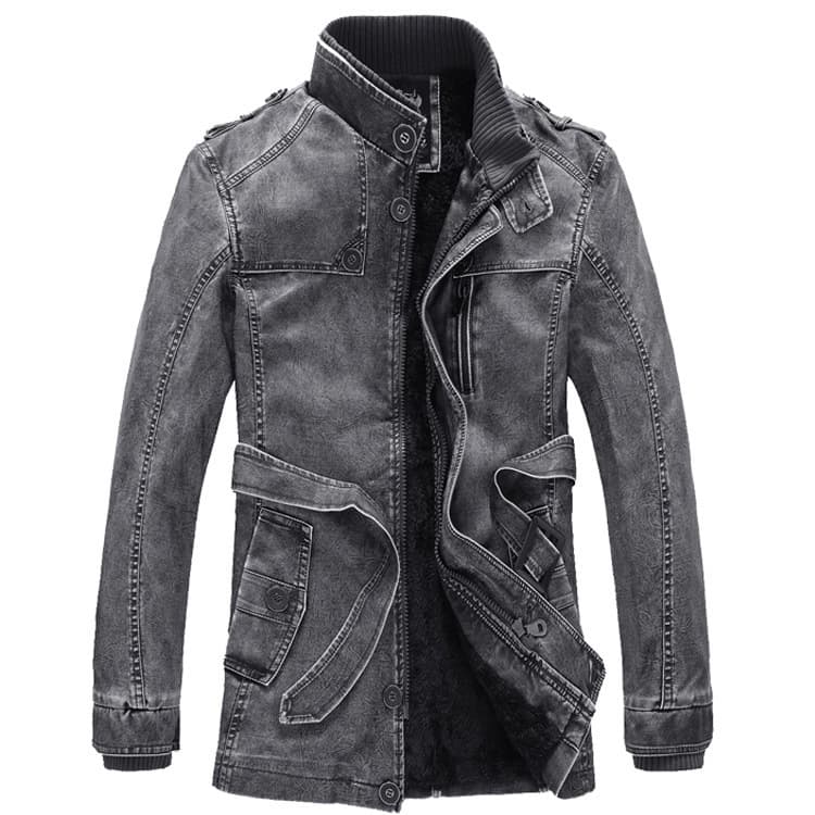 Factory direct sales: European and American style mid-length stand-up collar PU leather jacket, personalized washed men's motorcycle leather jacket with fleece lining.