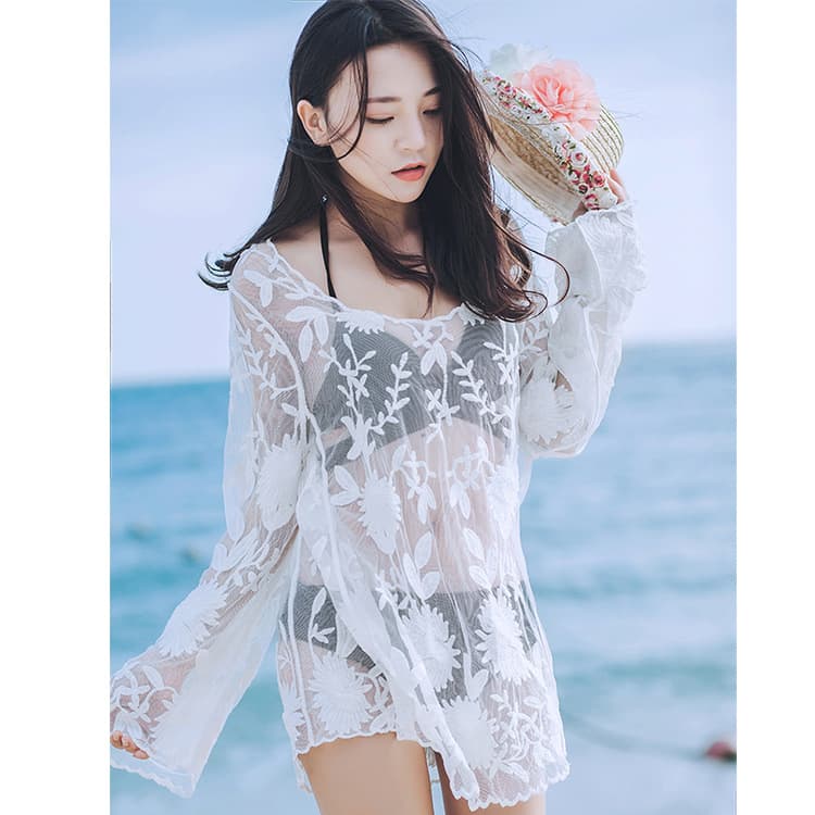 Bikini Cover Up Beachwear Women's Loose Hollow Out Long Knitted Sweater Sun Protection Outerwear Fresh Sweet Style Cotton Blend