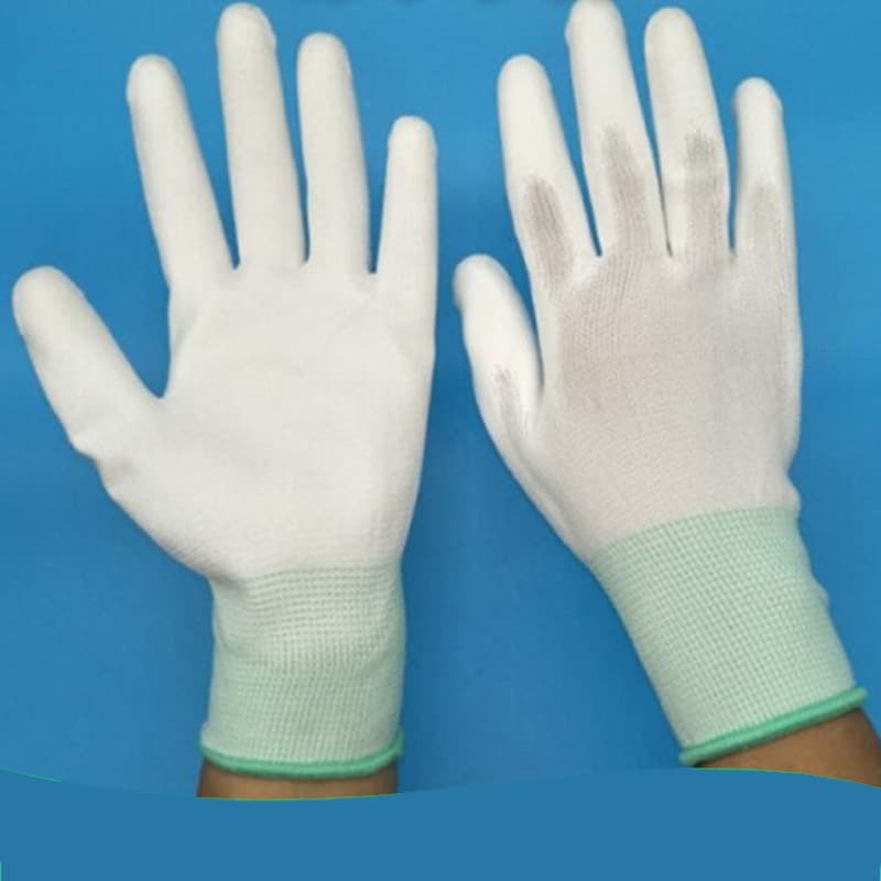 White nylon PU coated gloves, anti-static gloves, size M, green-edged, medium size, suitable for electronics factories.
