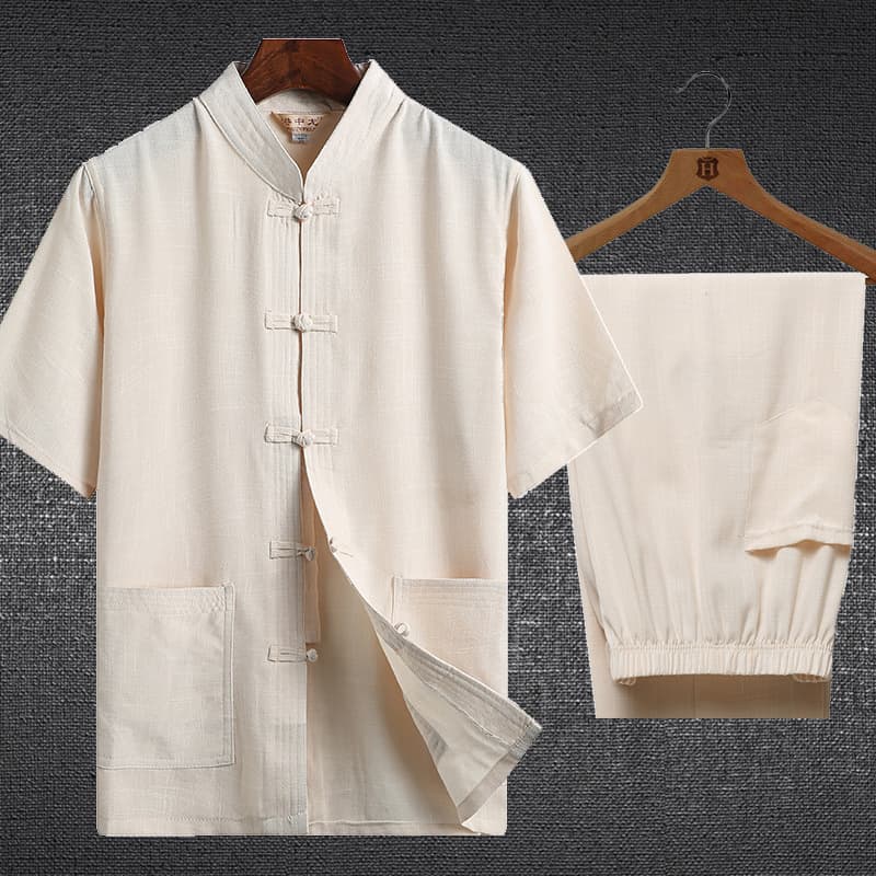 Summer Linen Tang Suit Short Sleeve Set for Middle-aged and Elderly Men, Chinese Hanfu Style, Cotton Linen Layman Suit