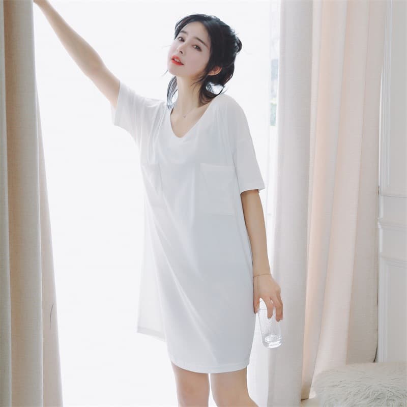 Pure Cotton Summer Sleepwear V-Neck Loose Short Sleeve Home Clothes Women's Sexy White T-Shirt Mid-Length Nightgown