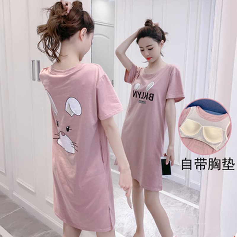Women's Summer Cotton Short-Sleeve Nightdress with Built-in Bra Pads, Cute Student Dress, No Bra Needed, Loose Home Skirt