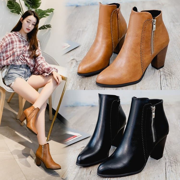 Women's Ankle Boots Wish AliExpress Autumn Winter Vintage Retro Worn Chunky Heel High Heel Side Zipper Martin Boots Export Large Size