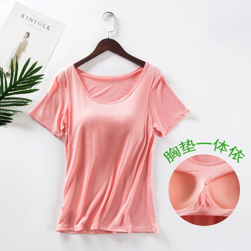 Modal Half-Sleeve Women's Summer T-Shirt with Built-in Bra Cups, Sports Vest, Factory Wholesale