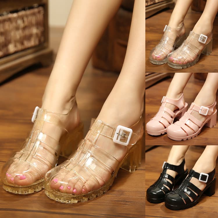 Korean style women's summer plastic high-heeled sandals, non-slip waterproof rain shoes, transparent crystal jelly shoes, closed-toe beach shoes, retro style.