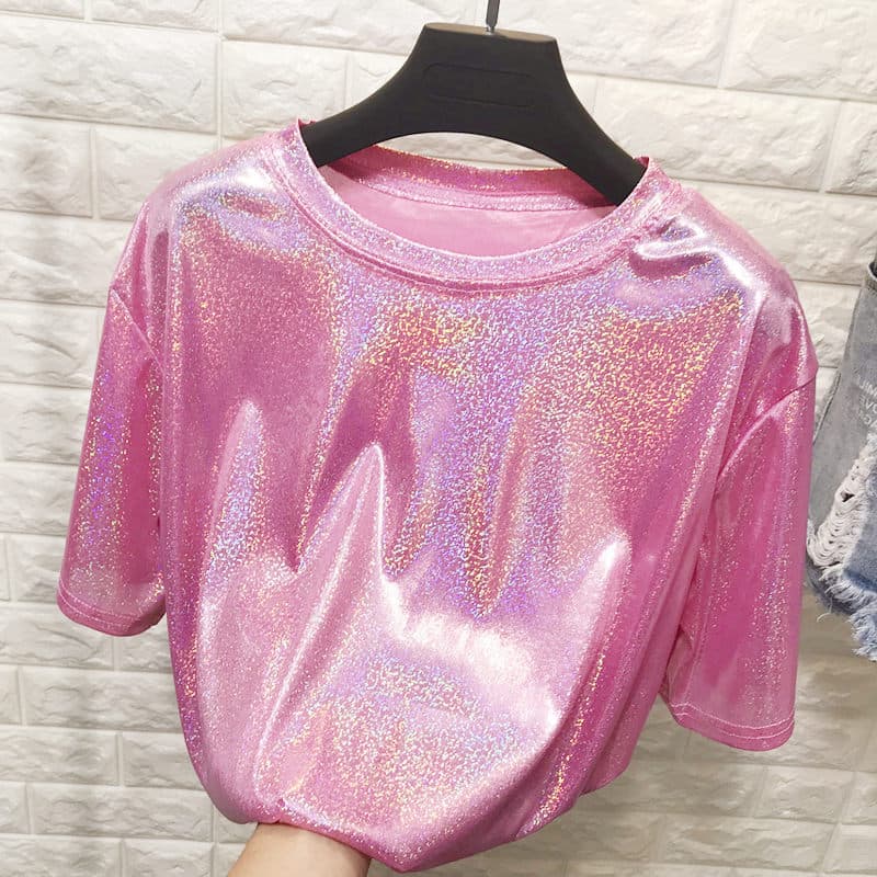 2026 Foreign Trade Wish Aliexpress Ebay Amazon Hot-Selling Loose-Fitting T-Shirt for Women with Shiny Reflective Short Sleeves Source of Supply